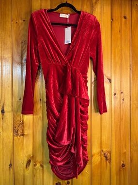 Choosy Red Velvet Ruched Wrap Midi Dress - Women's